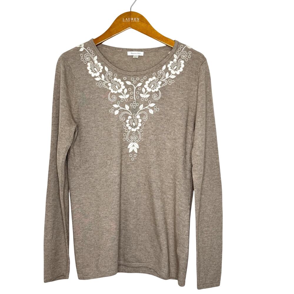 Garnet Hill Lambswool/Cashmere Embroidered Sweater‎ Med Tan/White